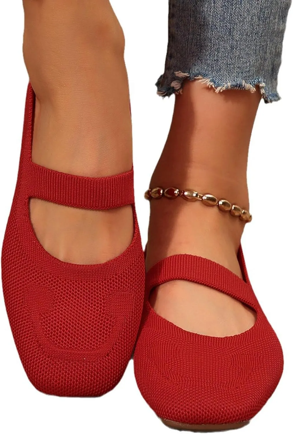 Flats for Women Wide Width Comfortable Breathable Dress Shoes Knit Square Toe Walking Business Sandals Slip-On Low Heel
