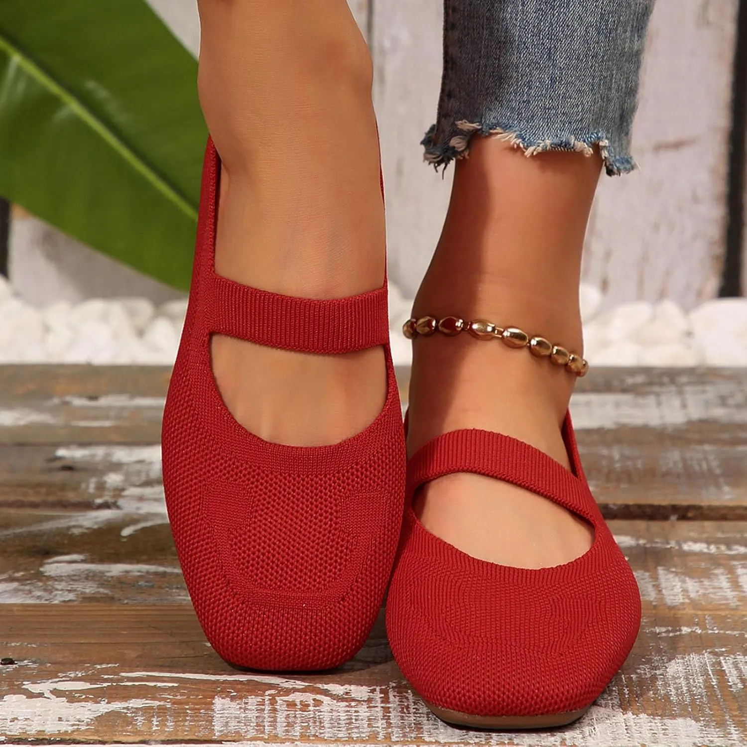 Flats for Women Wide Width Comfortable Breathable Dress Shoes Knit Square Toe Walking Business Sandals Slip-On Low Heel