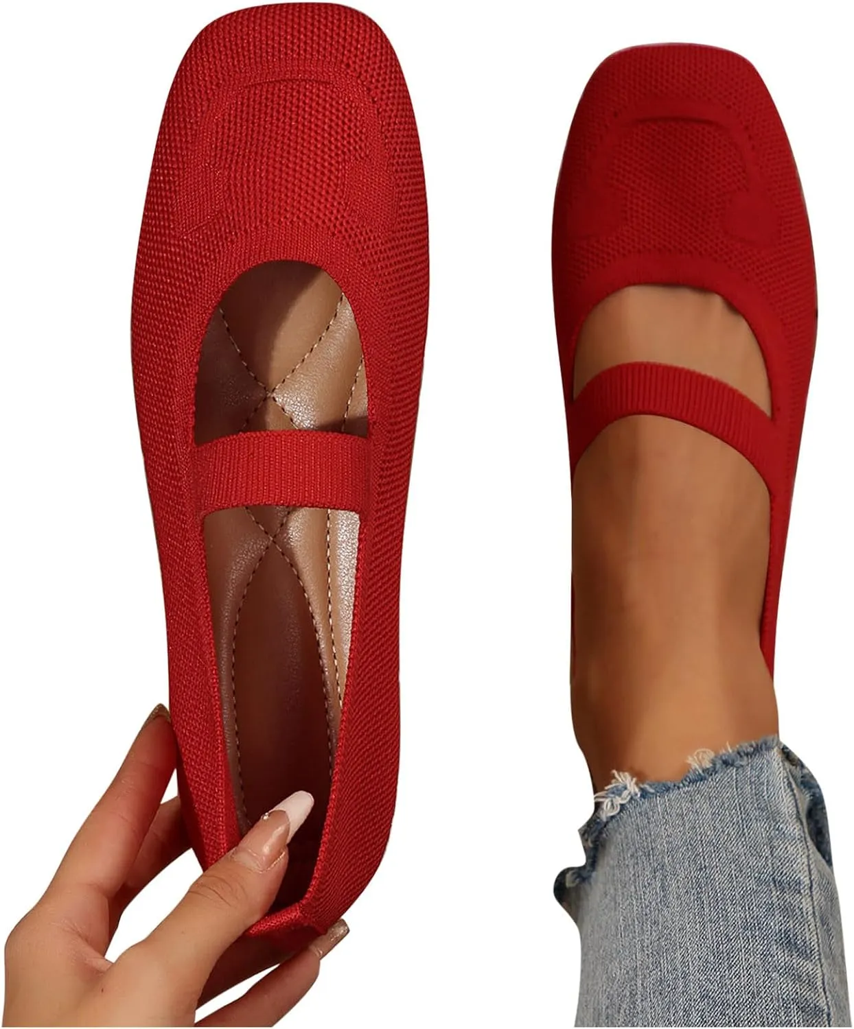 Flats for Women Wide Width Comfortable Breathable Dress Shoes Knit Square Toe Walking Business Sandals Slip-On Low Heel