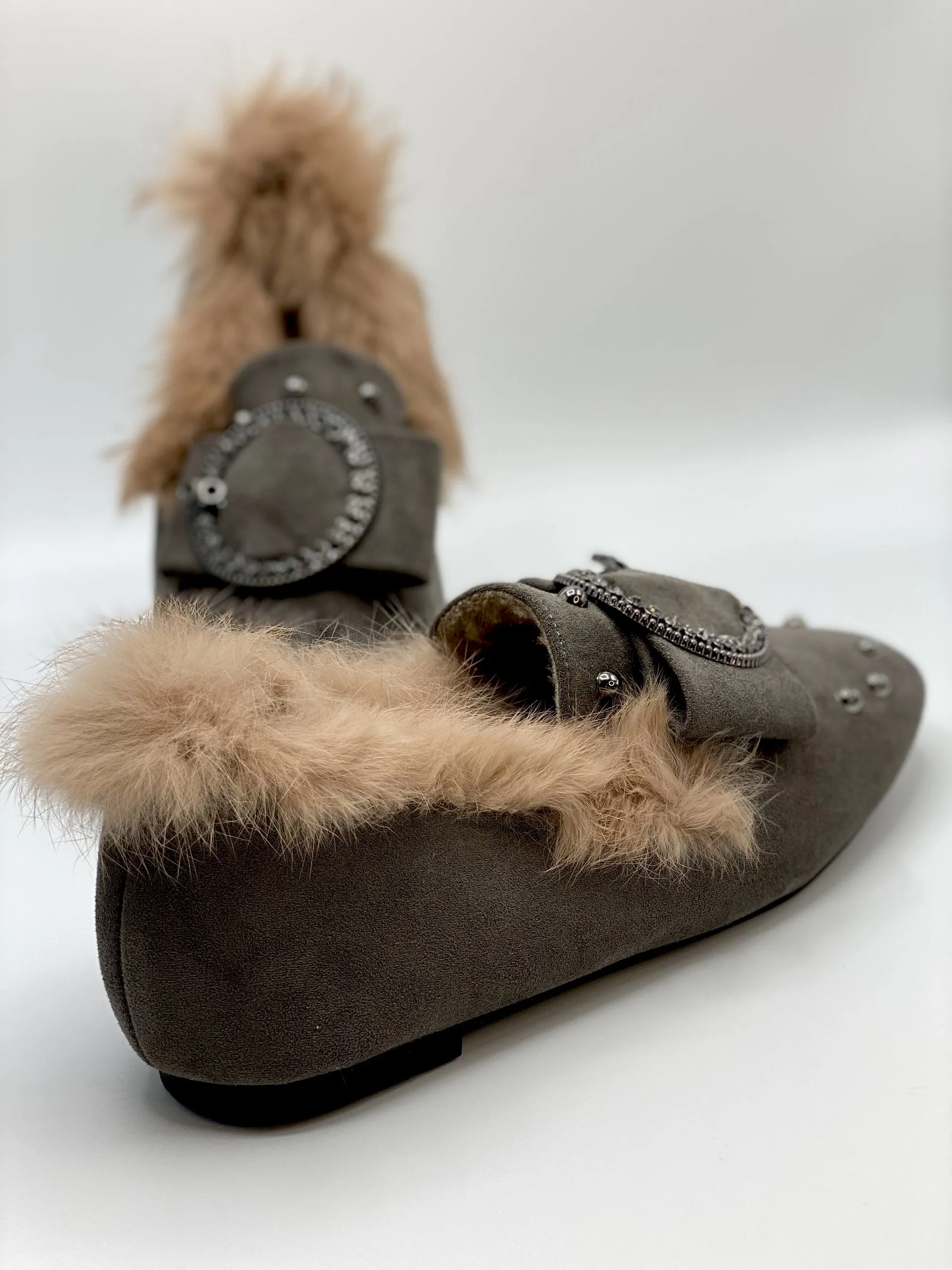 Forever Comfort Studded Faux Fur Loafers (Grey)