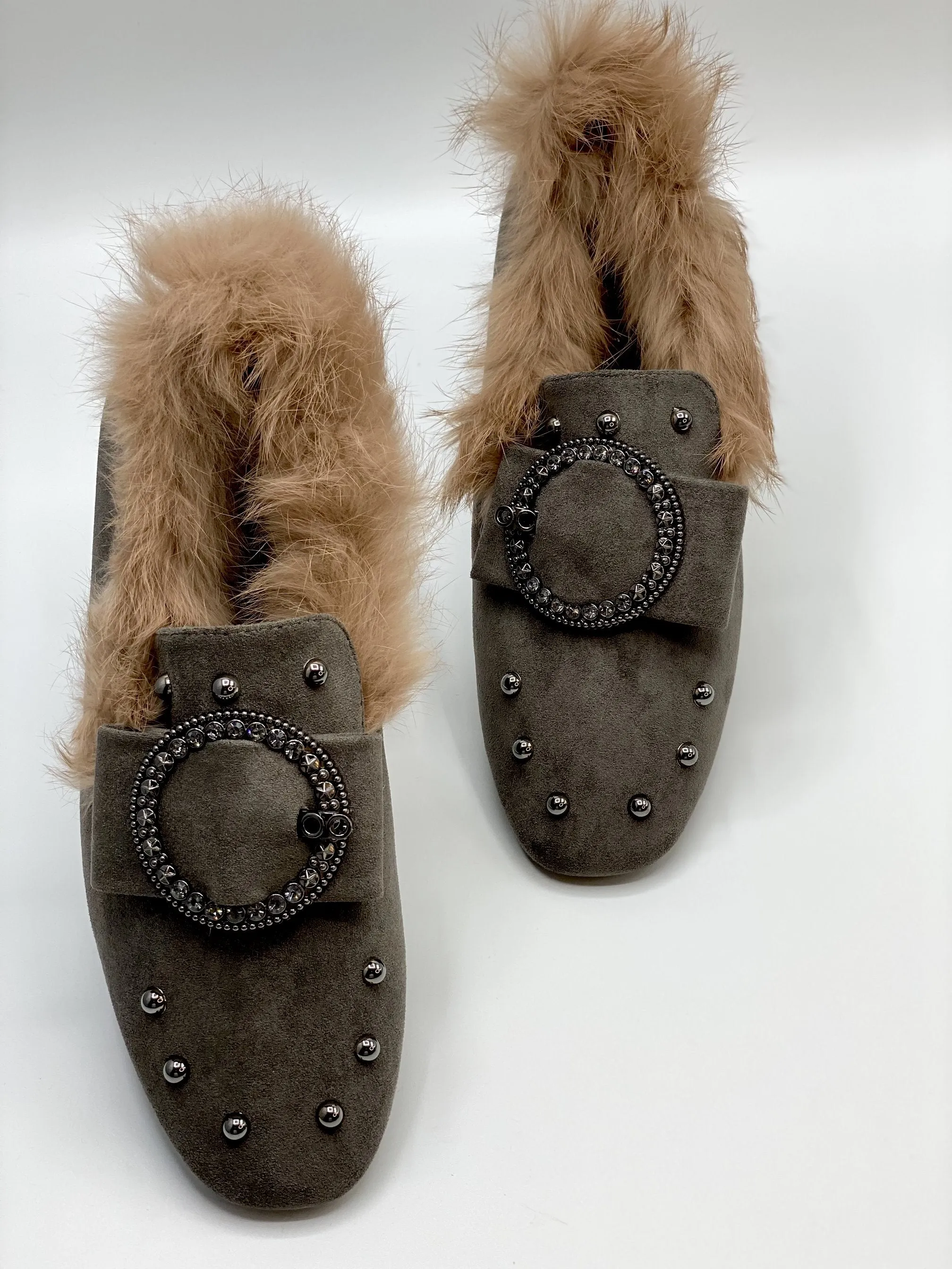 Forever Comfort Studded Faux Fur Loafers (Grey)