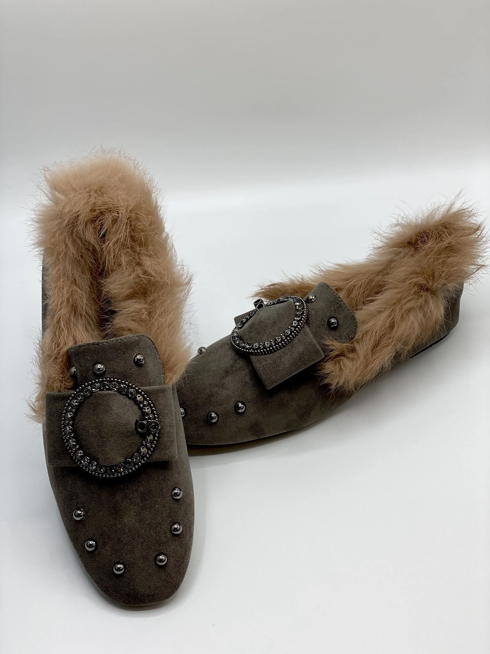 Forever Comfort Studded Faux Fur Loafers (Grey)