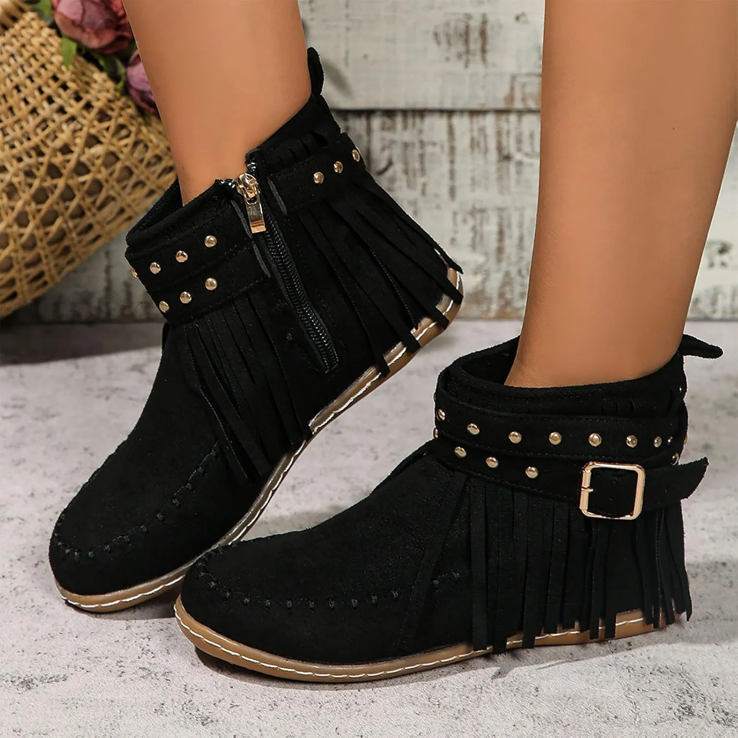 Fringe Cowboy Boots For Women Low Heel Ankle Boots Suede Moccasin Boots Slouch Cowboy Boots Short Flat Shoes