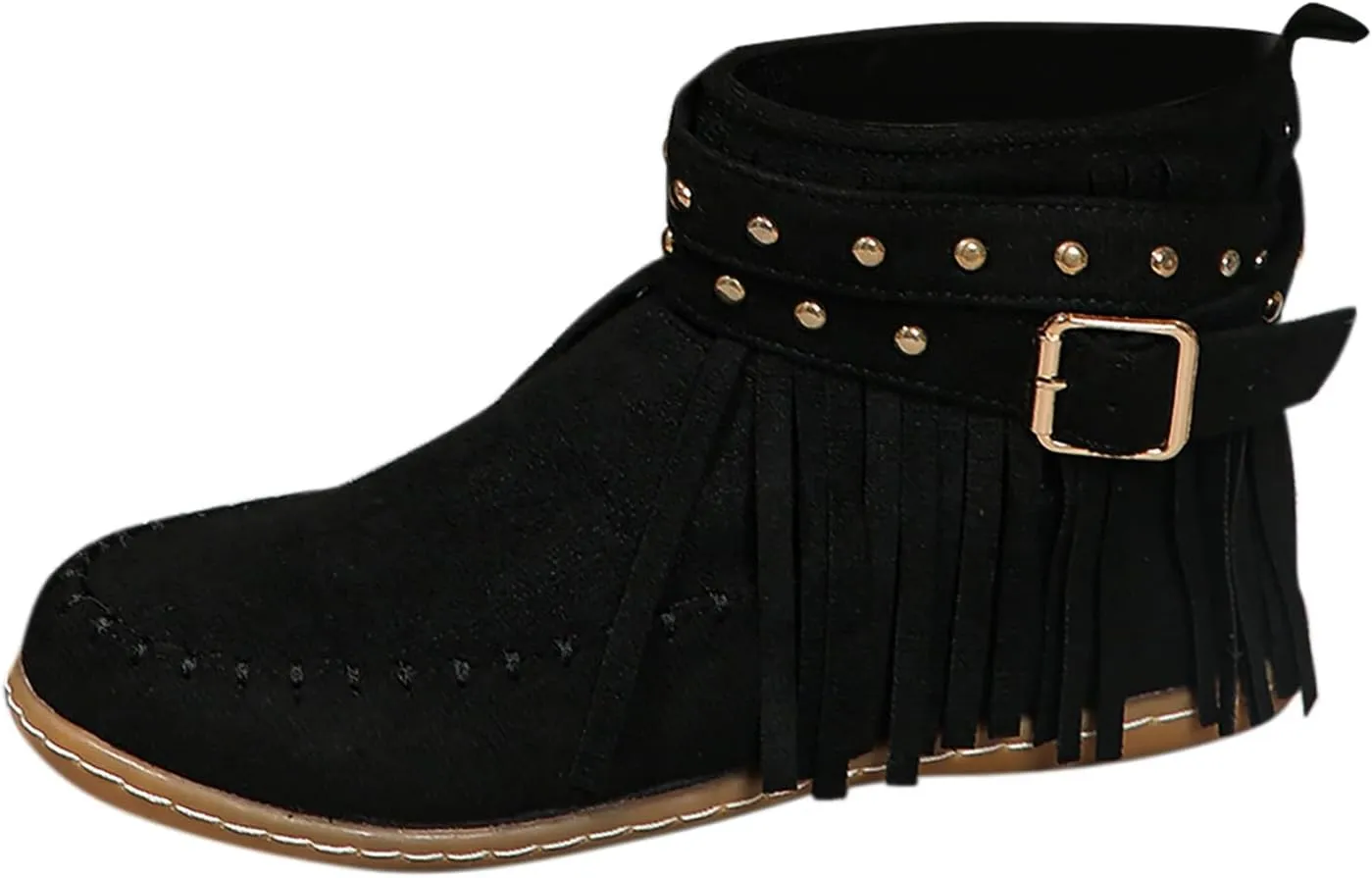 Fringe Cowboy Boots For Women Low Heel Ankle Boots Suede Moccasin Boots Slouch Cowboy Boots Short Flat Shoes
