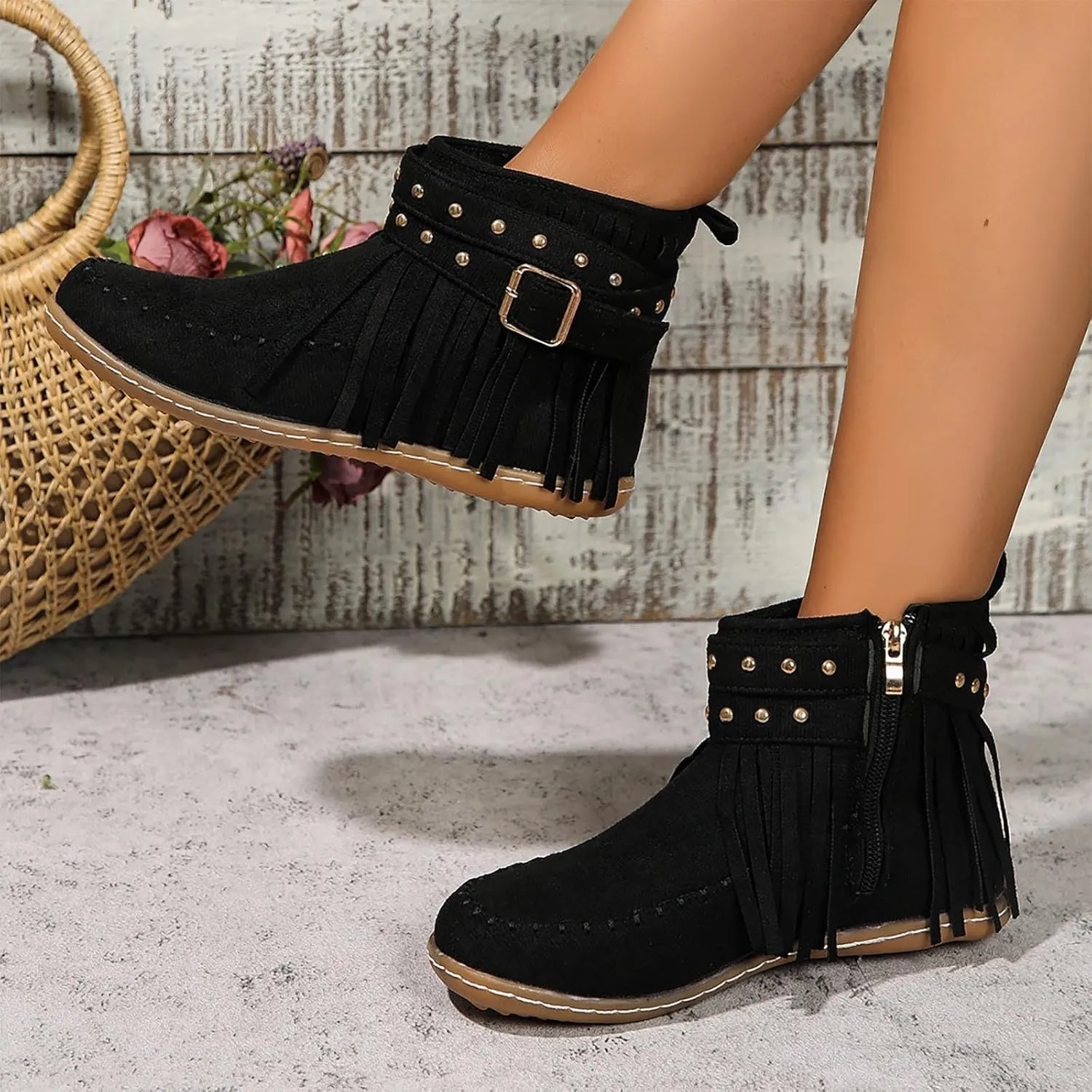 Fringe Cowboy Boots For Women Low Heel Ankle Boots Suede Moccasin Boots Slouch Cowboy Boots Short Flat Shoes