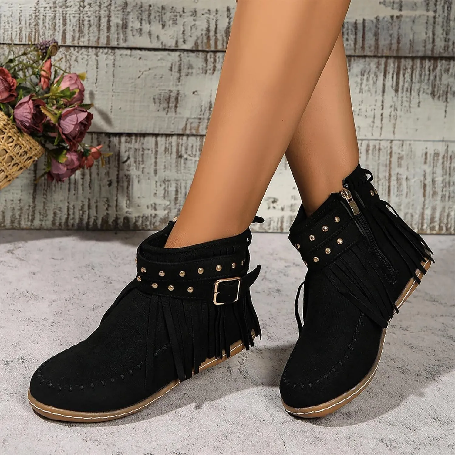 Fringe Cowboy Boots For Women Low Heel Ankle Boots Suede Moccasin Boots Slouch Cowboy Boots Short Flat Shoes