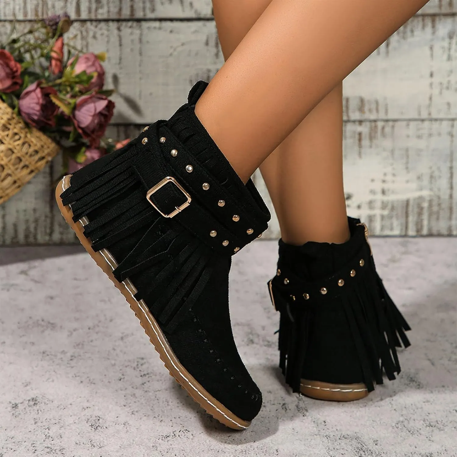 Fringe Cowboy Boots For Women Low Heel Ankle Boots Suede Moccasin Boots Slouch Cowboy Boots Short Flat Shoes