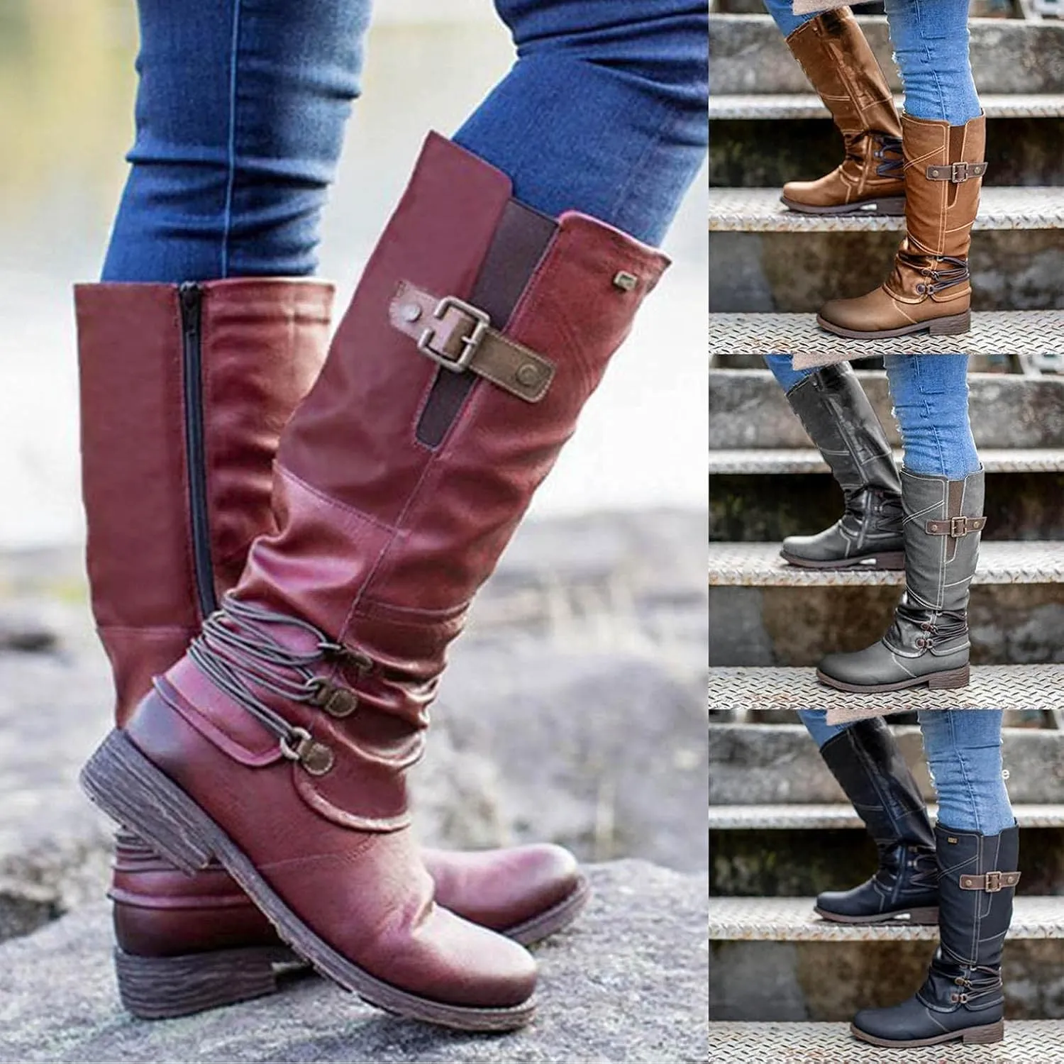 Gibobby Winter Boots for Women,Women's Knee Length Boots Retro Combat Knight Boots Closed Toe Motorcycle Low Heel Outdoor Waterproof Western Shoes