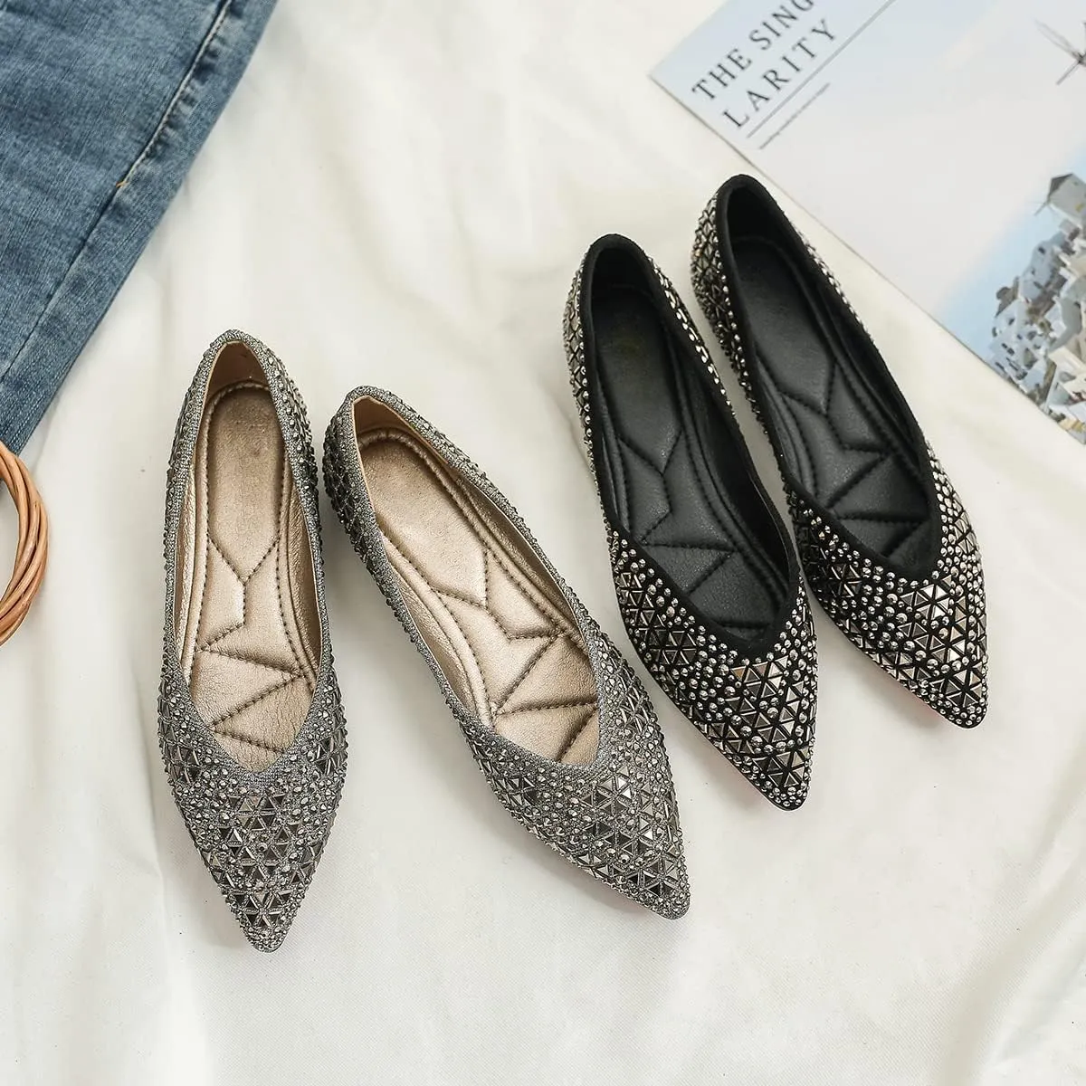 Hee grand Women's Slip On Ballet Flats Fashion Rhinestone Pointed Toe Shallow Flat Shoes Wedding Shoes for Party Wedding Shoes for Party