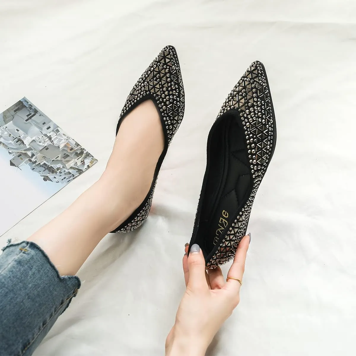 Hee grand Women's Slip On Ballet Flats Fashion Rhinestone Pointed Toe Shallow Flat Shoes Wedding Shoes for Party Wedding Shoes for Party