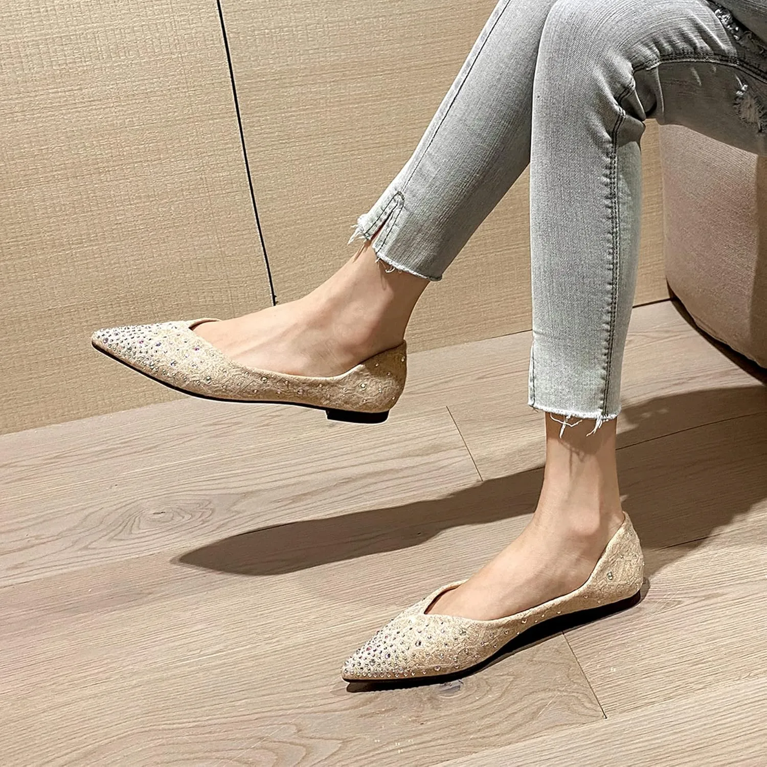 Hee grand Women's Slip On Ballet Flats Fashion Rhinestone Pointed Toe Shallow Flat Shoes Wedding Shoes for Party Wedding Shoes for Party