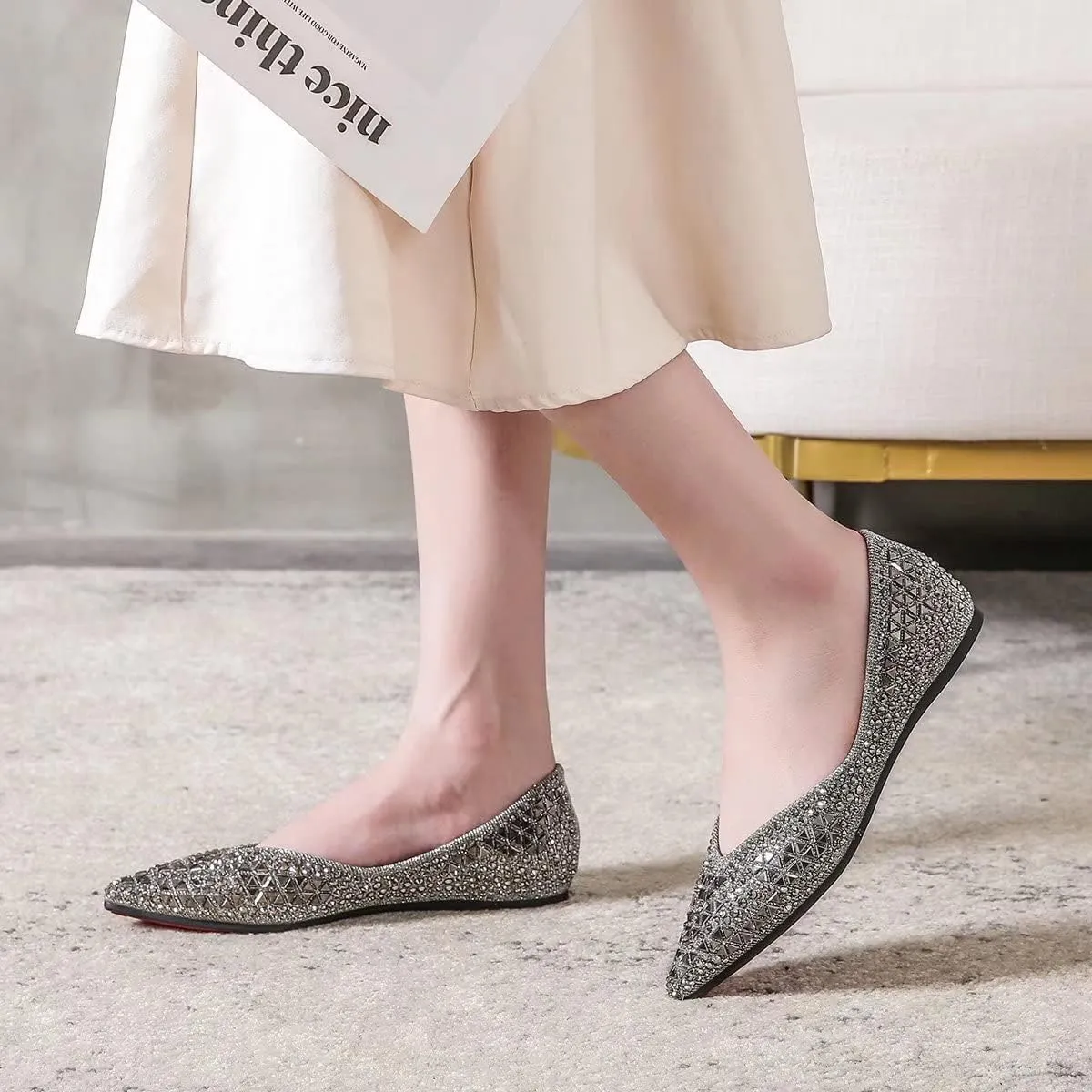 Hee grand Women's Slip On Ballet Flats Fashion Rhinestone Pointed Toe Shallow Flat Shoes Wedding Shoes for Party Wedding Shoes for Party