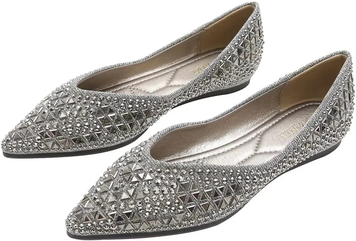 Hee grand Women's Slip On Ballet Flats Fashion Rhinestone Pointed Toe Shallow Flat Shoes Wedding Shoes for Party Wedding Shoes for Party