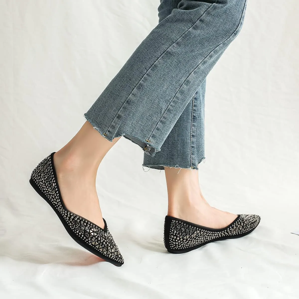 Hee grand Women's Slip On Ballet Flats Fashion Rhinestone Pointed Toe Shallow Flat Shoes Wedding Shoes for Party Wedding Shoes for Party