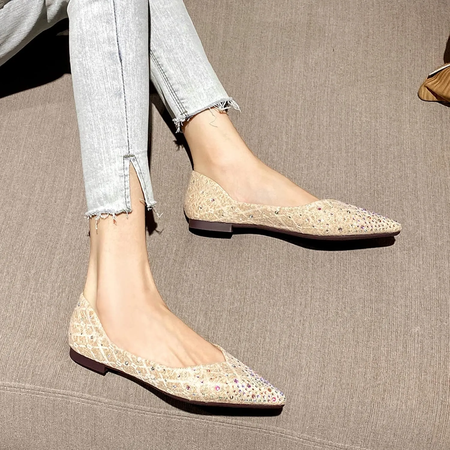Hee grand Women's Slip On Ballet Flats Fashion Rhinestone Pointed Toe Shallow Flat Shoes Wedding Shoes for Party Wedding Shoes for Party