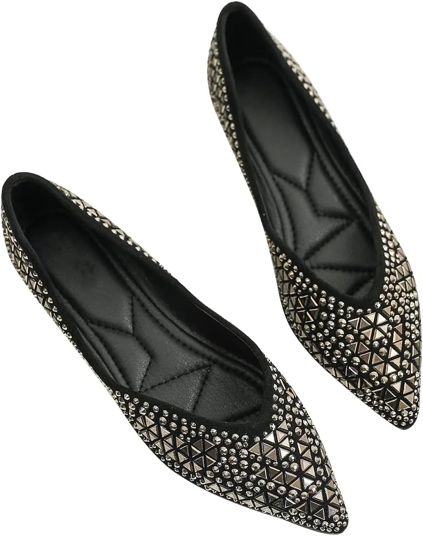 Hee grand Women's Slip On Ballet Flats Fashion Rhinestone Pointed Toe Shallow Flat Shoes Wedding Shoes for Party Wedding Shoes for Party