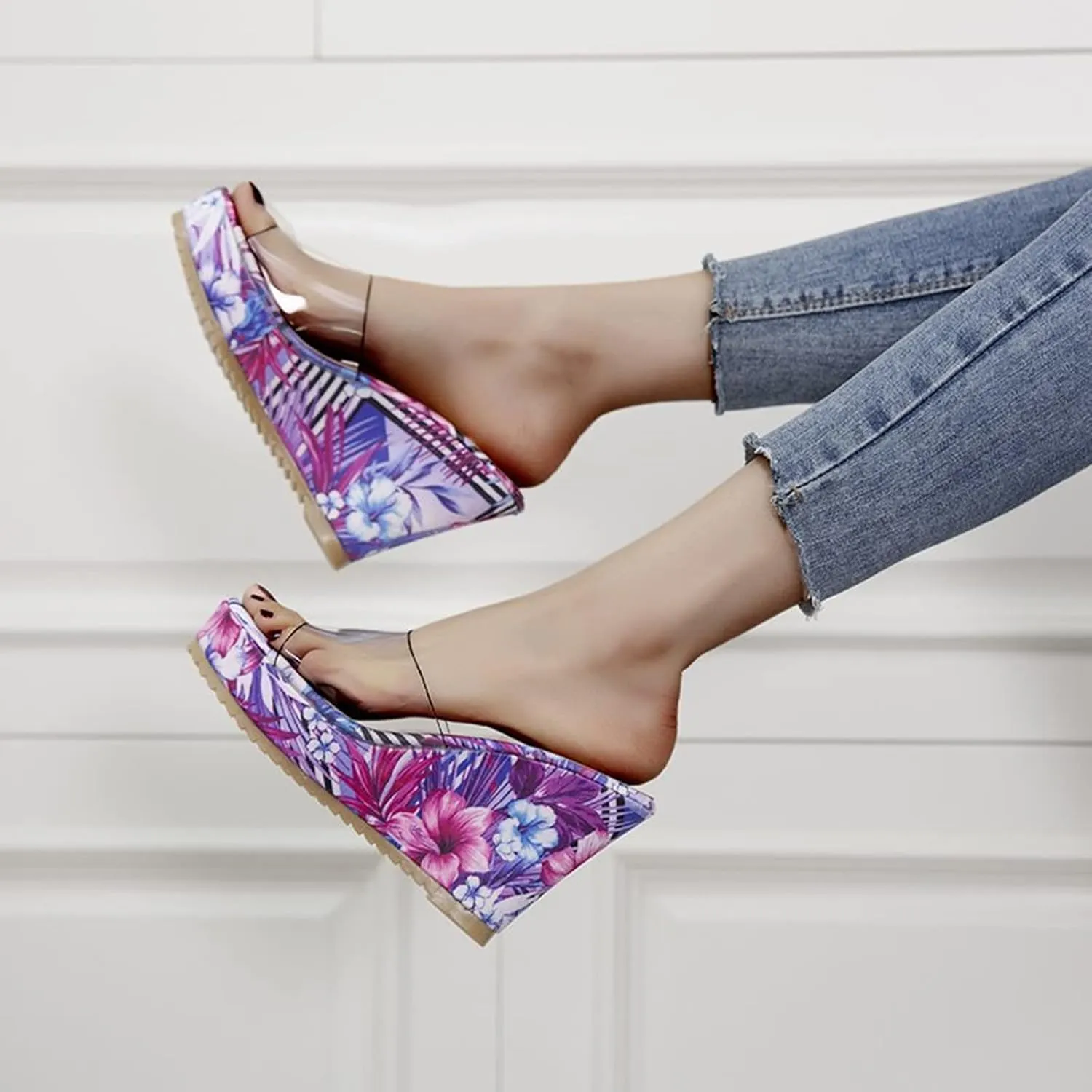 HINDOLA Sandals for Women High Heel Backless Wedge Slippers Summer Peep Toe Stylish Platform Wedge Sandals