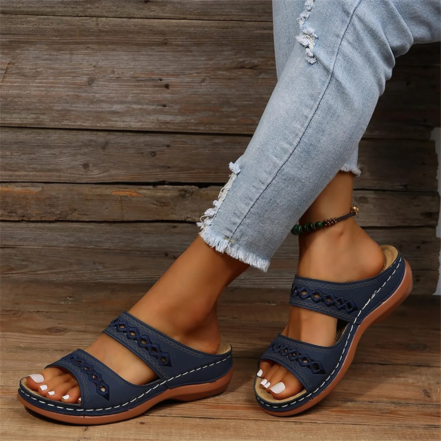 Lausiuoe Sandals Women Dressy Summer Flat Arch Support Orthopedic Slippers Flip Flops Low Wedge Comfortable Orthotic Slides