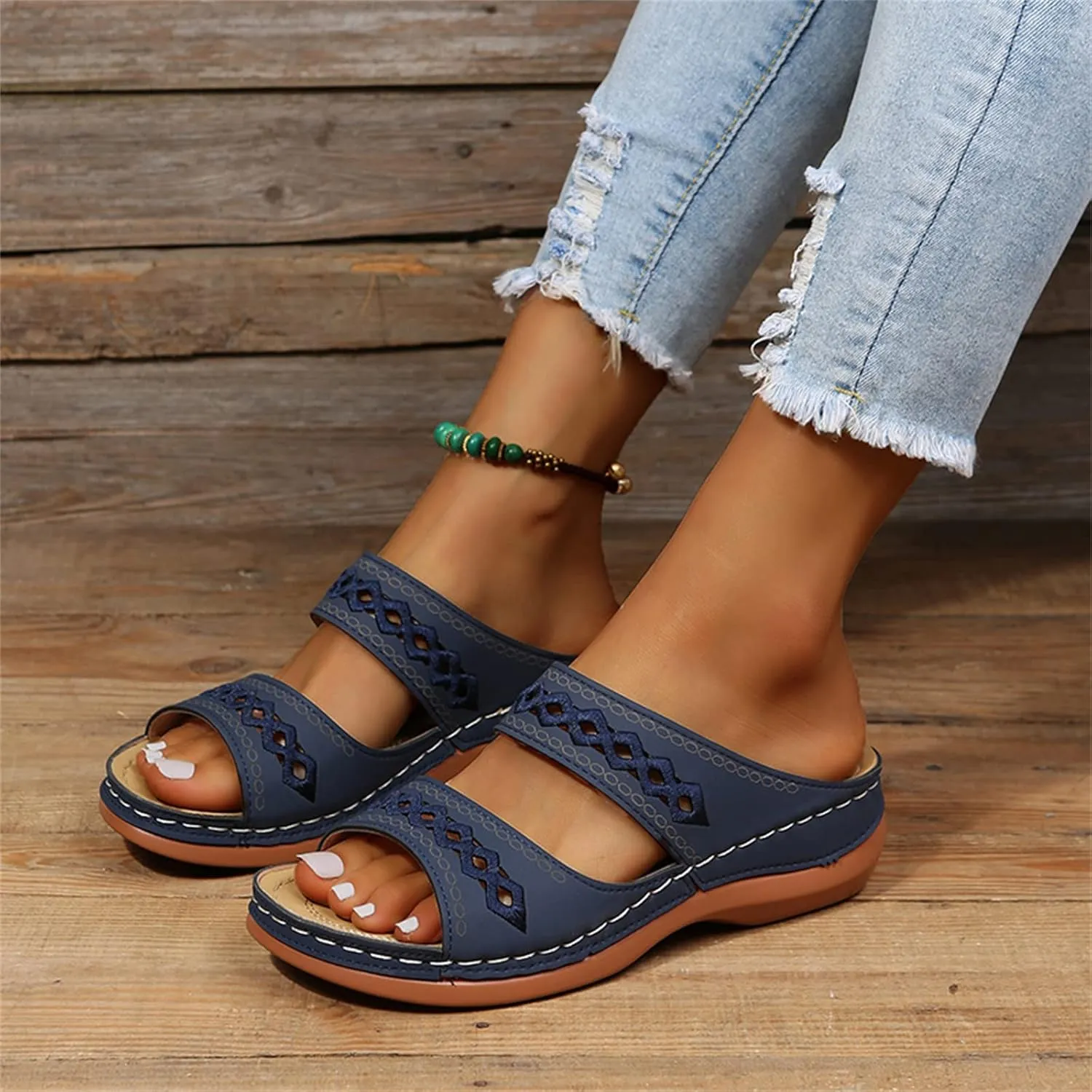 Lausiuoe Sandals Women Dressy Summer Flat Arch Support Orthopedic Slippers Flip Flops Low Wedge Comfortable Orthotic Slides