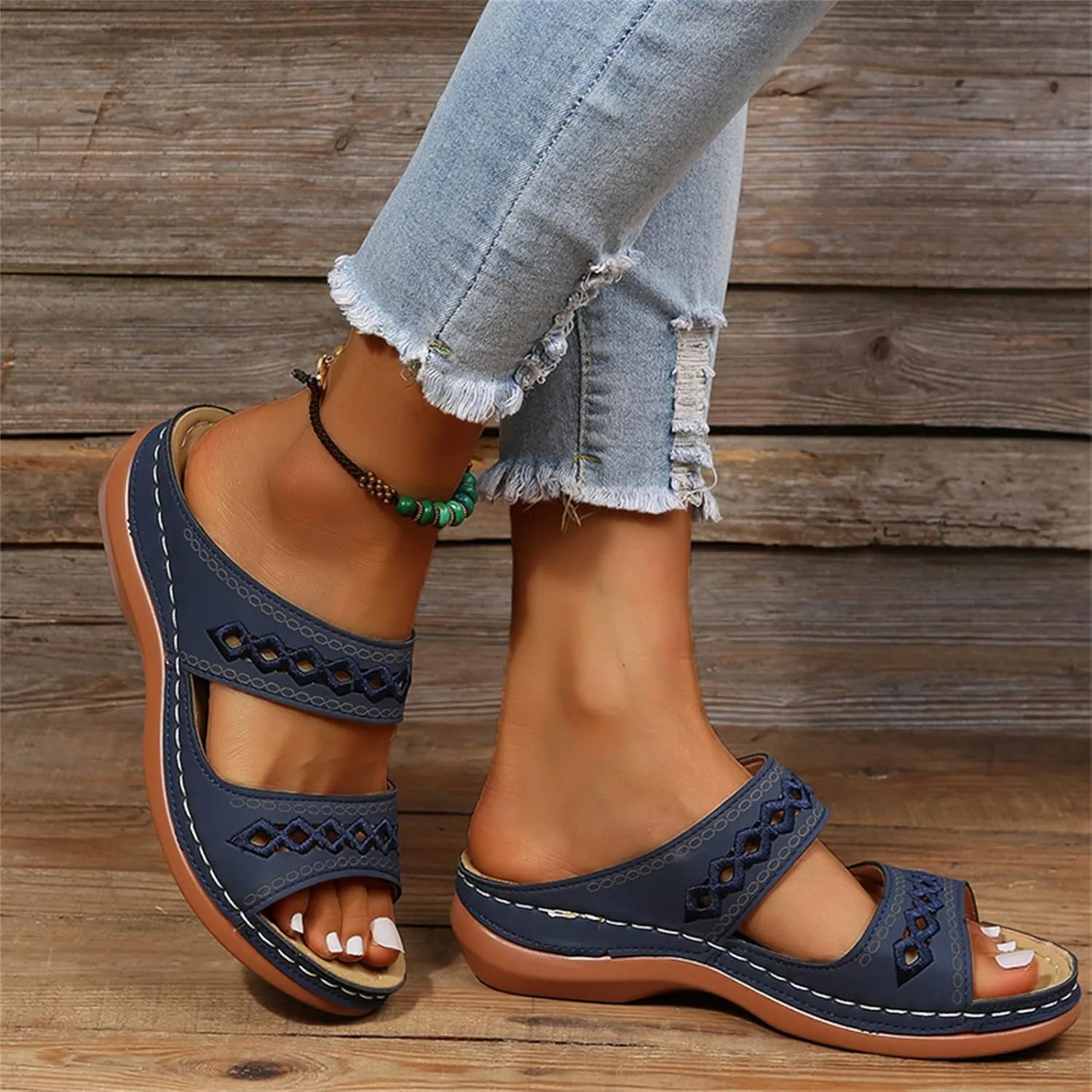 Lausiuoe Sandals Women Dressy Summer Flat Arch Support Orthopedic Slippers Flip Flops Low Wedge Comfortable Orthotic Slides