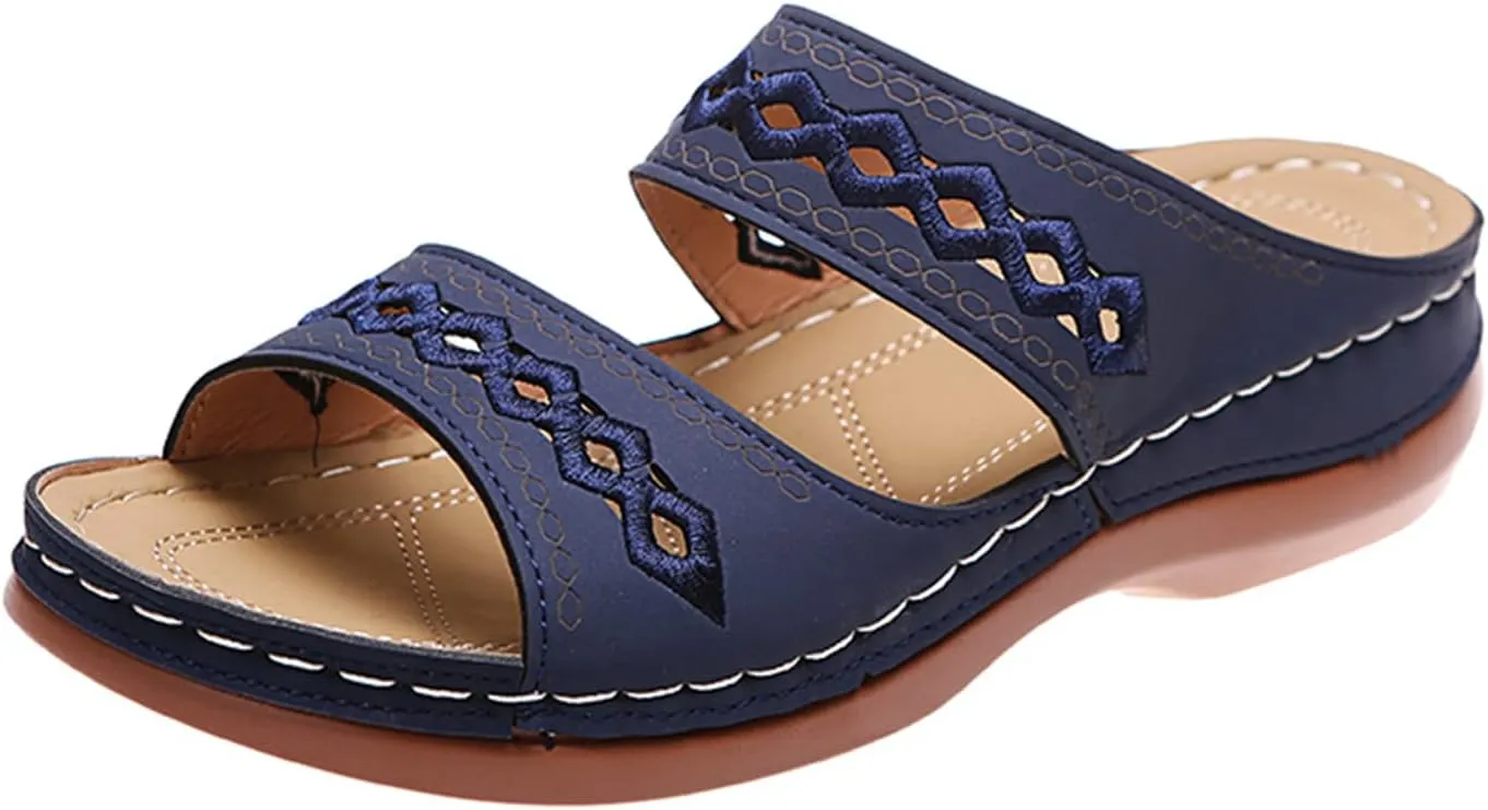 Lausiuoe Sandals Women Dressy Summer Flat Arch Support Orthopedic Slippers Flip Flops Low Wedge Comfortable Orthotic Slides