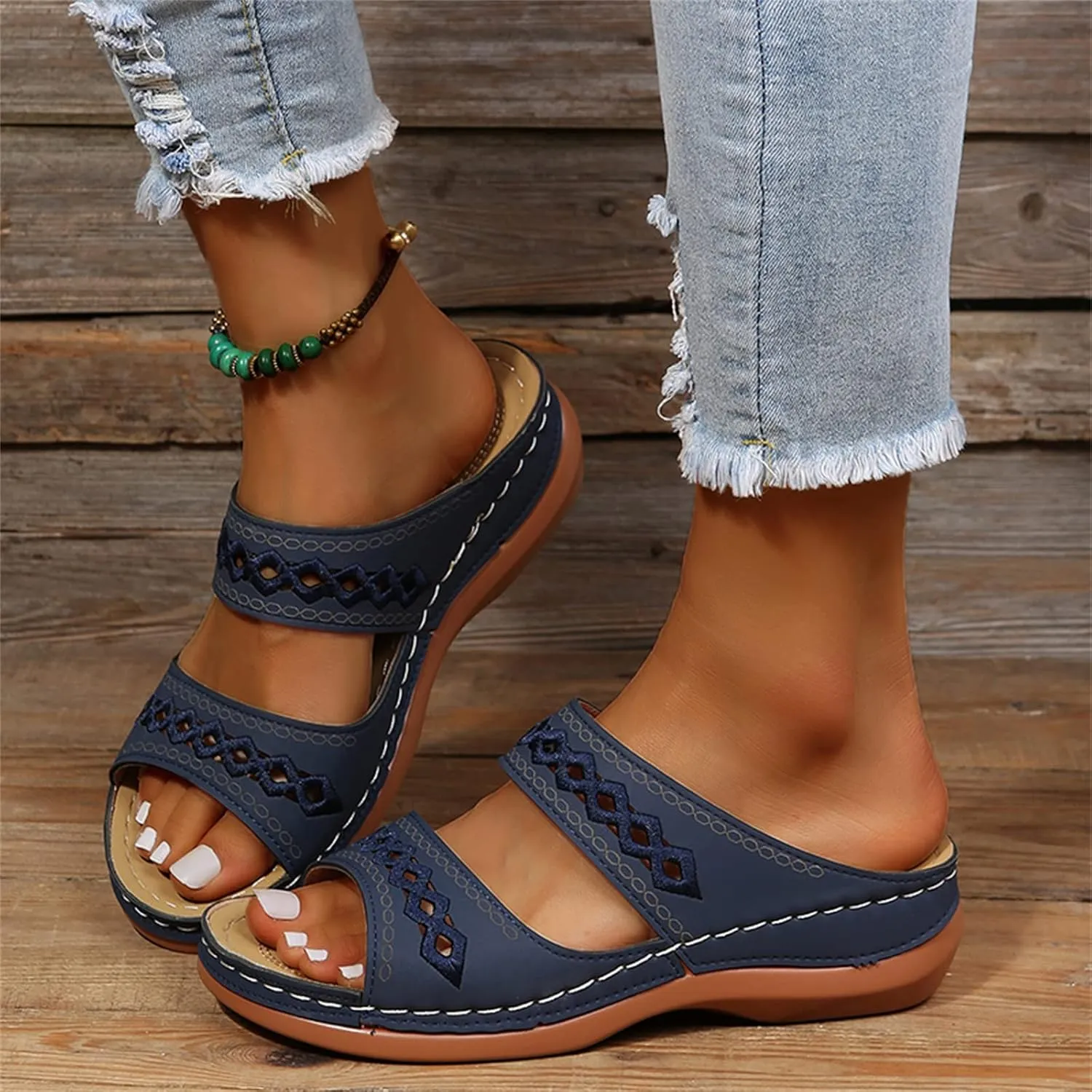 Lausiuoe Sandals Women Dressy Summer Flat Arch Support Orthopedic Slippers Flip Flops Low Wedge Comfortable Orthotic Slides
