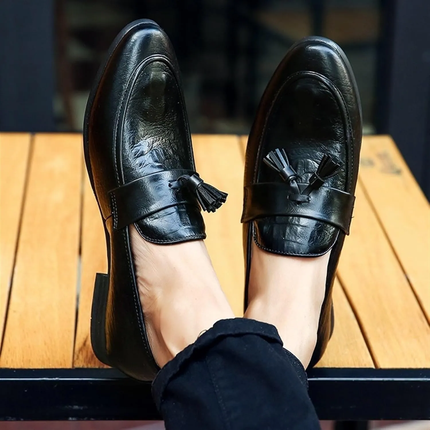 Men's Loafers Tassel Loafers PU Leather Burnished Toe Flat Heel Comfortable Slip-Resistant Slip-Ons for Walking and Outdoor