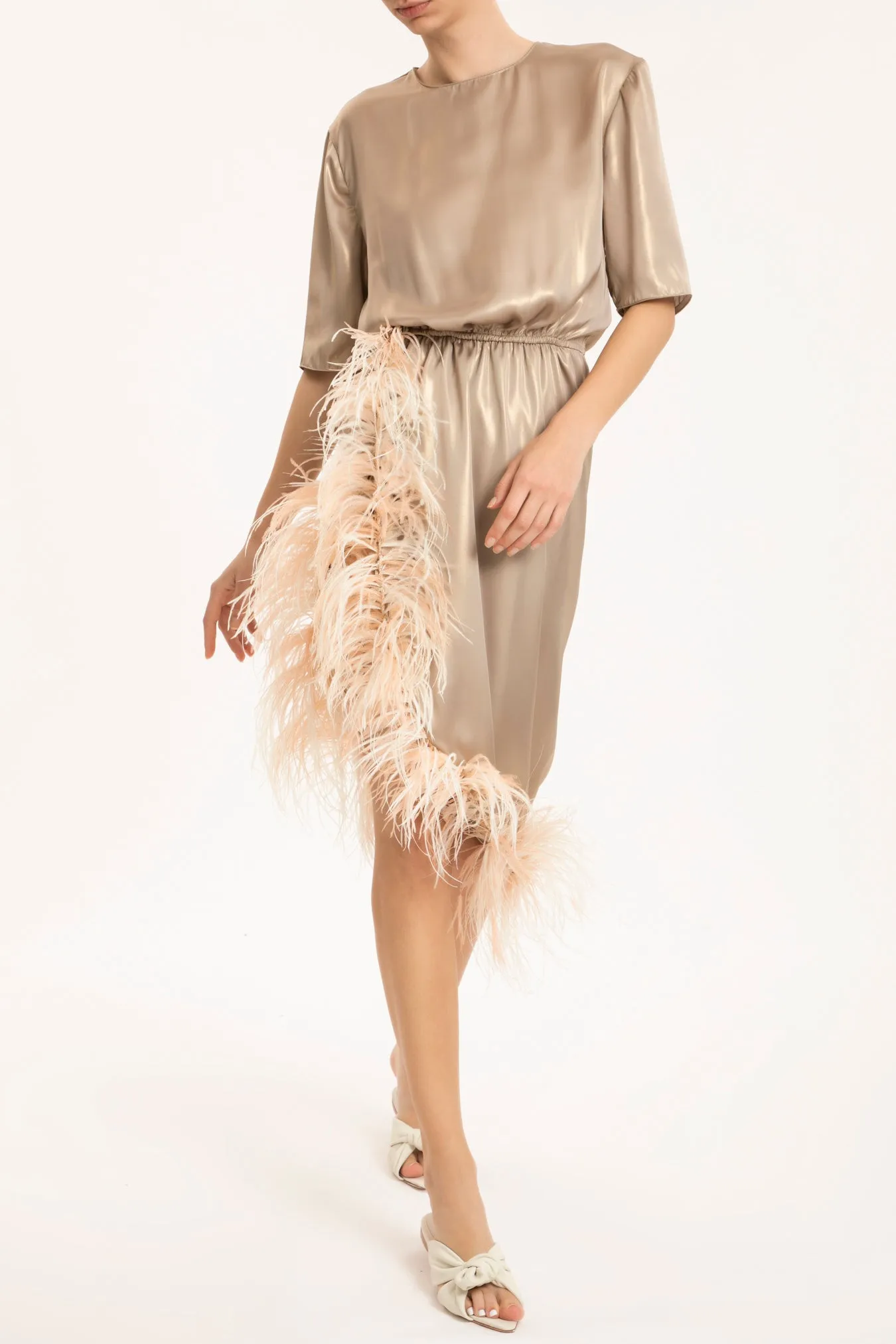 Metallic Short Dress With Feathers