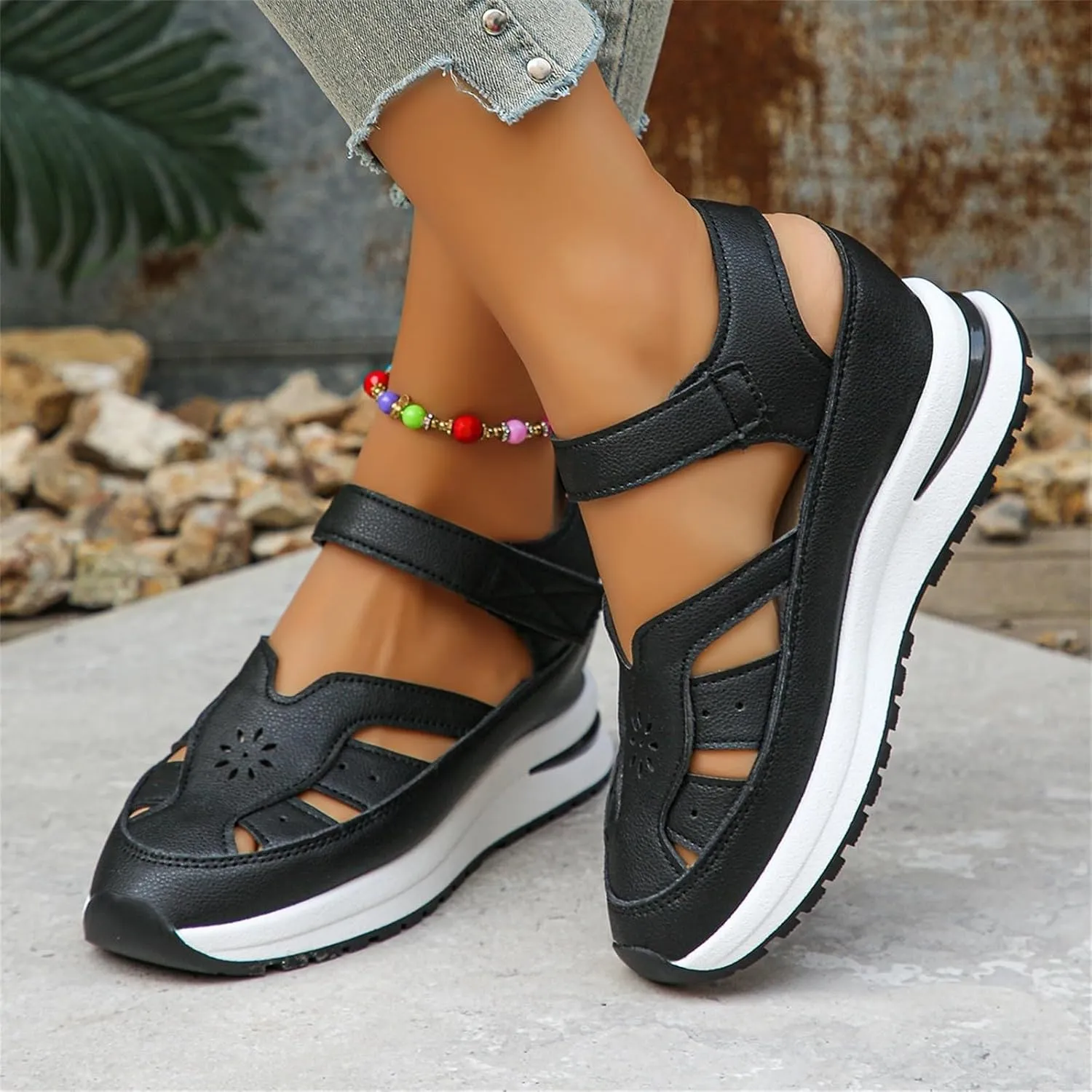 Platform Wedge Sandals for Women 2025 Fashion Trendy Hollow Out Breathable Lightweight Sandals Solid Color Closed Toe Casual Dressy Sandal 2025