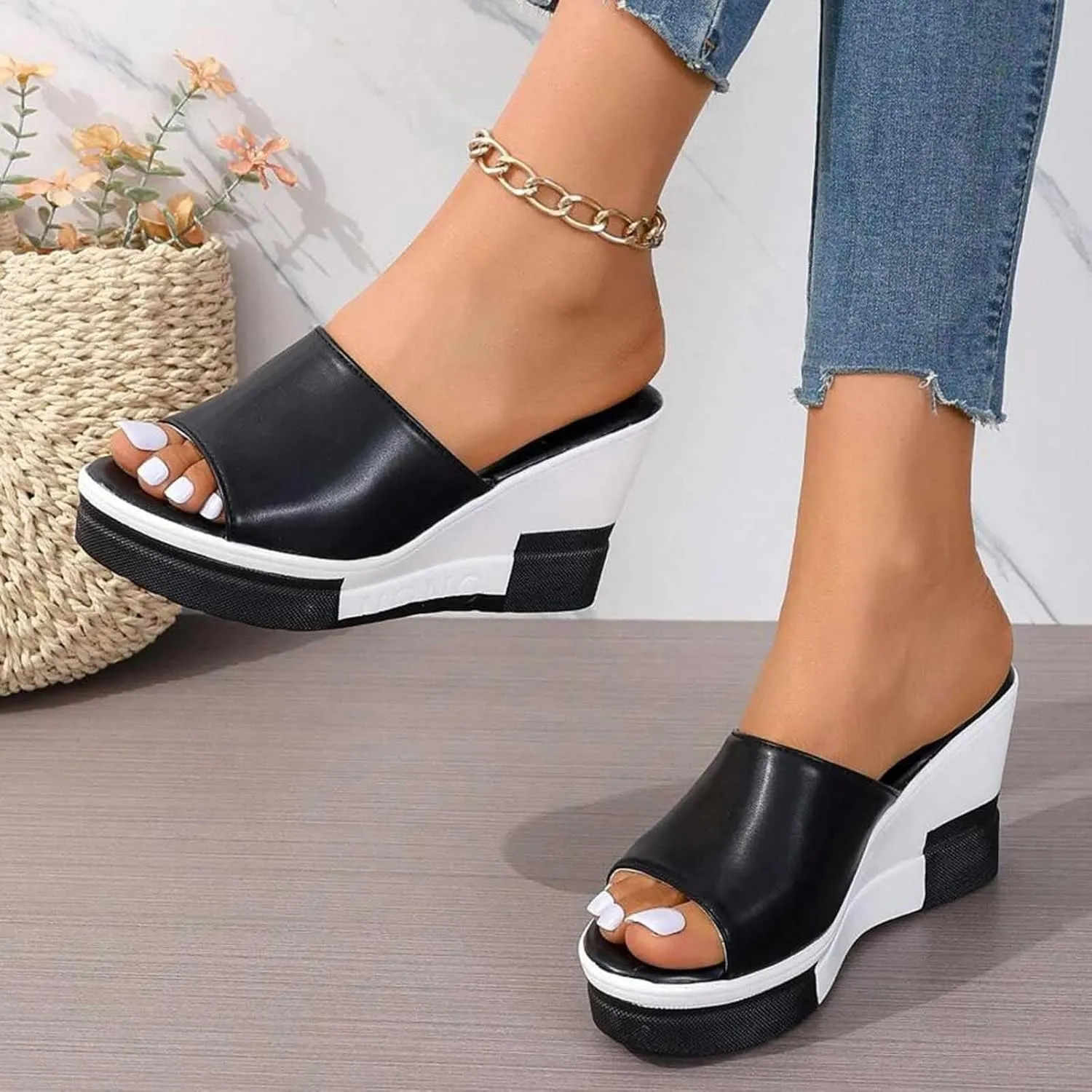 Sandals for Women Wedge Shoes Summer Wedge Thick Platform Women Sandals Slip On Versatile Casual High Heel