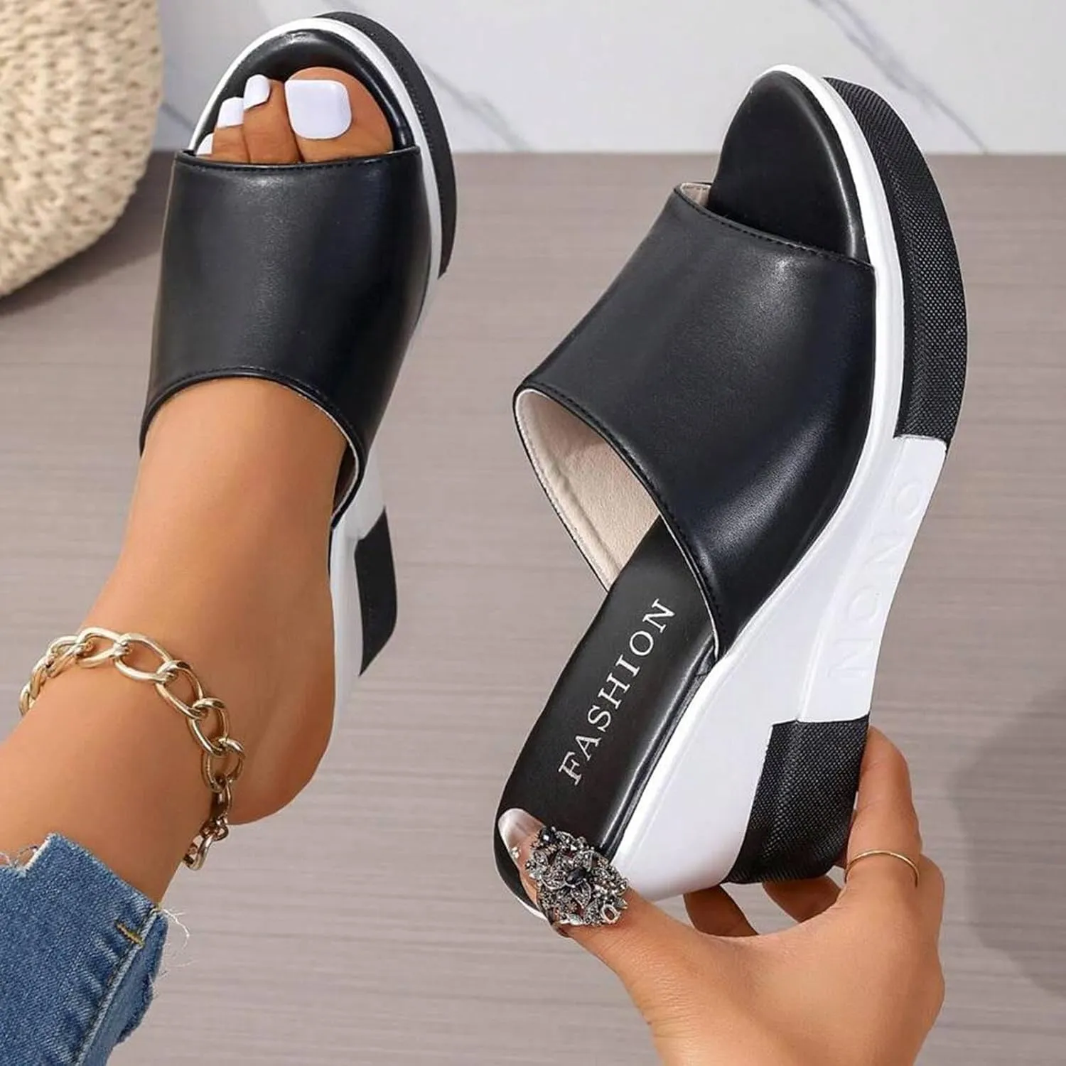 Sandals for Women Wedge Shoes Summer Wedge Thick Platform Women Sandals Slip On Versatile Casual High Heel