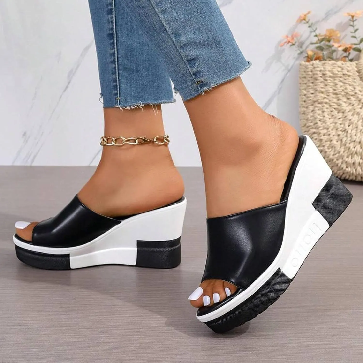 Sandals for Women Wedge Shoes Summer Wedge Thick Platform Women Sandals Slip On Versatile Casual High Heel