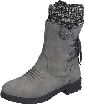 Snow Boots for Women Combat Mid Calf Boots Chunky Platform Boots Winter Warm Square Toe Shoes Lace Up Zip High Heel Booties