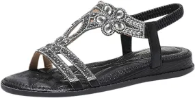 Summer Beach Sandals for Women 2025,Crystal Rhinestone Pearl Flat Sandals for Women Dressy Bling Sparkly Thong Sandals Comfortable T Strap Slip-On Shoes Casual Walking Sandals Strappy Sandals ﻿