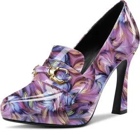 TNYNFBEB Womens Chunky Block High Heel Close Pointed Toe Pumps Slip-on Metal Chain Prom Basic Classic 3.9 Inches Heels