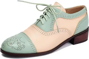 Vintage Mixed Colors Oxfords Lace Up Classic Sewing Brogue for Women Block Low Heel Round Toe Mary Jane