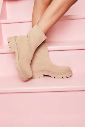 Winnie - Beige Chunky Sock Ankle Boots
