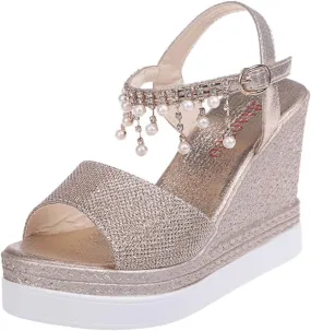Women Elegant High Platforms Sandals Sparkly Open Toe Espadrilles Buckle Ankle Strap Leather Casual Slip on Wedge