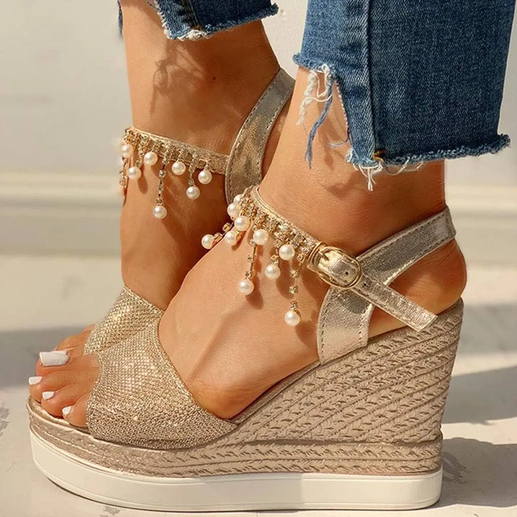 Women Elegant High Platforms Sandals Sparkly Open Toe Espadrilles Buckle Ankle Strap Leather Casual Slip on Wedge