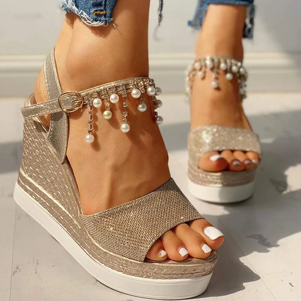Women Elegant High Platforms Sandals Sparkly Open Toe Espadrilles Buckle Ankle Strap Leather Casual Slip on Wedge