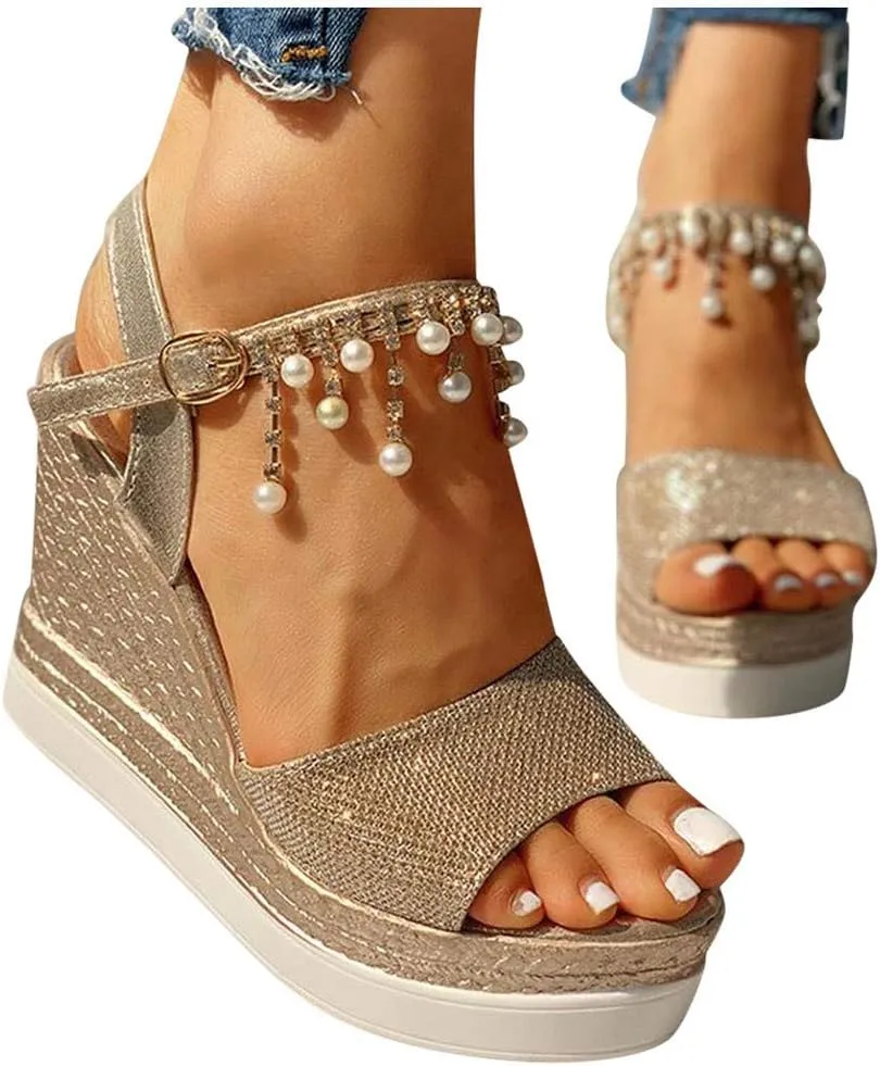 Women Elegant High Platforms Sandals Sparkly Open Toe Espadrilles Buckle Ankle Strap Leather Casual Slip on Wedge