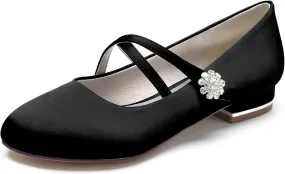 Women Satin Cross Ankle Strap Ballet Flat Closed Toe with Rhinestone Bridal Shoes Slip-On Low Heel Dress Shoes