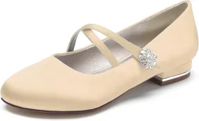 Women Satin Cross Ankle Strap Ballet Flat Closed Toe with Rhinestone Bridal Shoes Slip-On Low Heel Dress Shoes