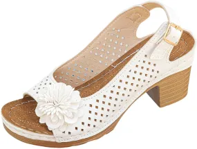 Womens Block Heel Sandals Summer Dressy Fish Mouth Flowers Ankle Buckle Strap Chunky Block Heel Comfortable Hollow Out Platform Wedge Sandals