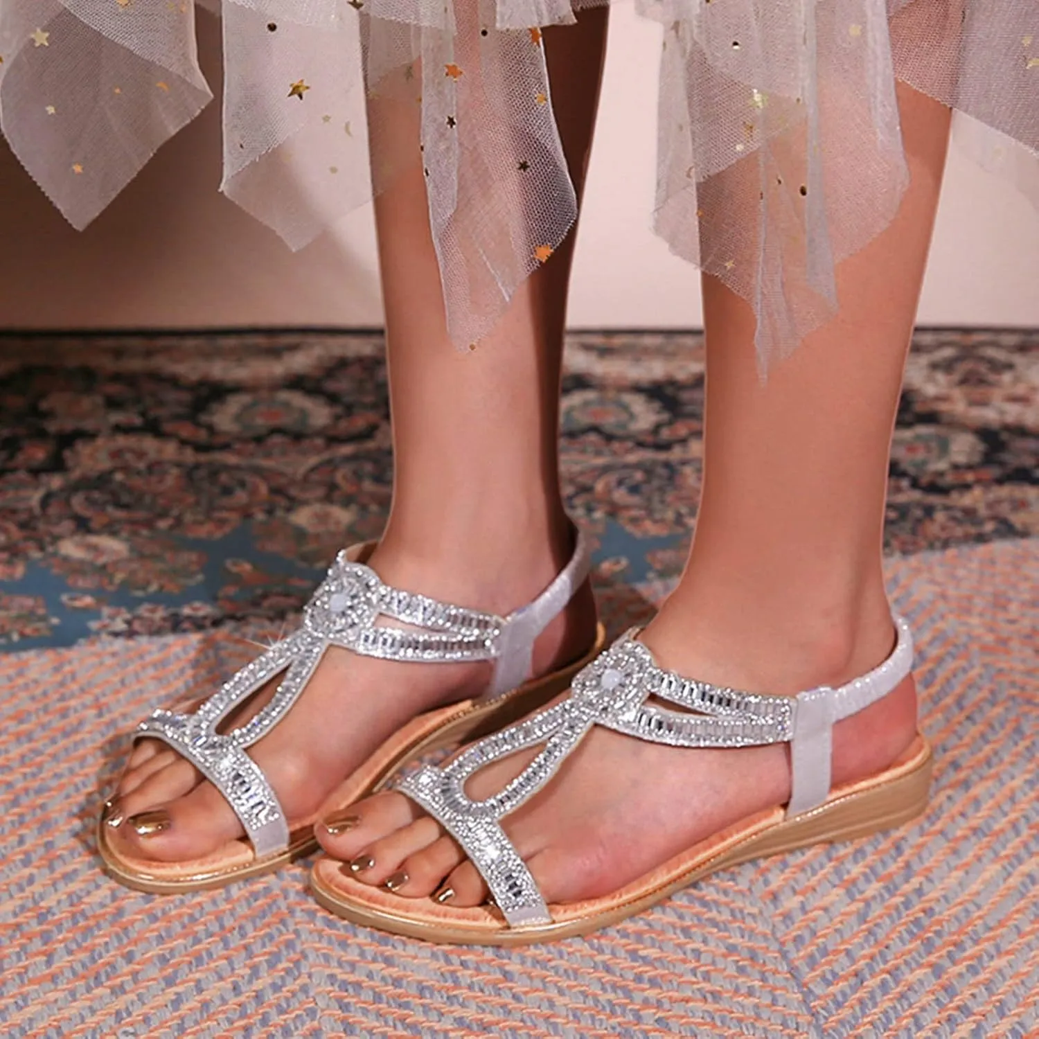 Women's Elastic Strap Bohemian Sandals Dressy Shoes with Hook & Loop Strap Fashion Flat Sandals for Women