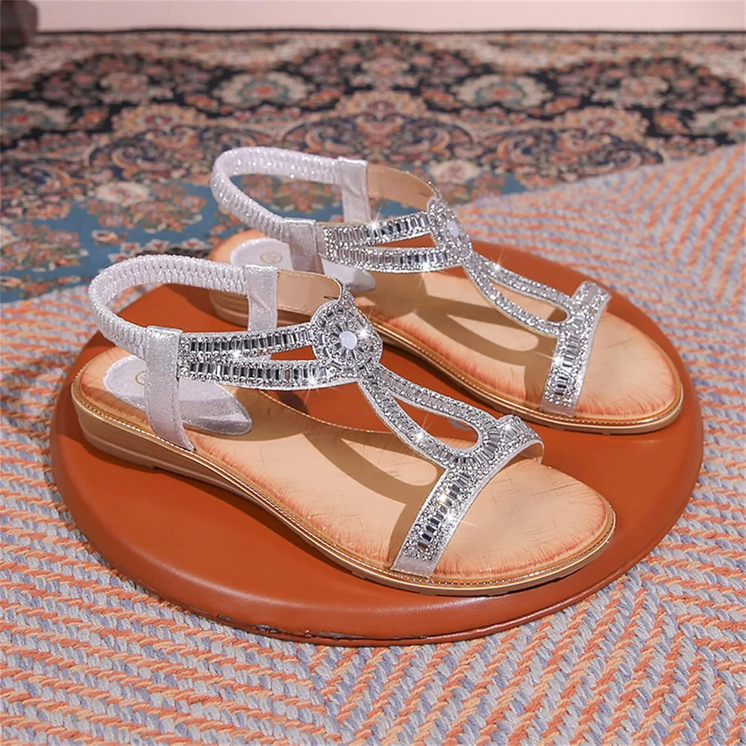 Women's Elastic Strap Bohemian Sandals Dressy Shoes with Hook & Loop Strap Fashion Flat Sandals for Women