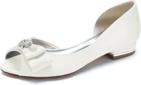 Women's Peep Toe Flat Pumps Satin Rhinestone Wedding Dress Shoes Evening Party Comfort Bridal Flats Slip-on Sandals