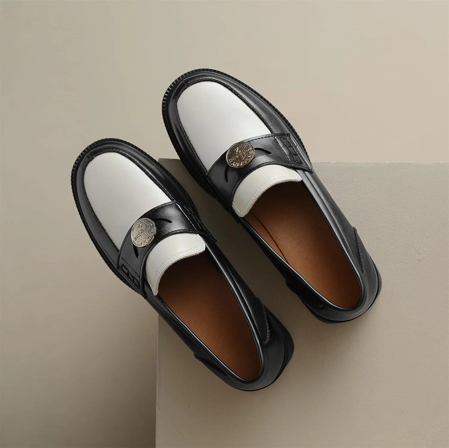 Women's Platform Coins Round Closed Toe Pump Loafers Vintage Slip-On Chunky Low Heel Office Metallic Penny Work Casual Fashion Business Dress Shoes All Weather Daily Wear Flats