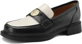 Women's Platform Coins Round Closed Toe Pump Loafers Vintage Slip-On Chunky Low Heel Office Metallic Penny Work Casual Fashion Business Dress Shoes All Weather Daily Wear Flats