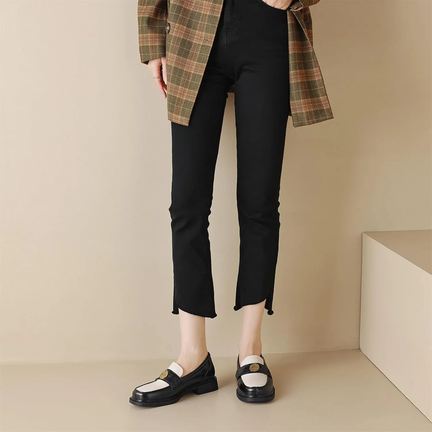 Women's Platform Coins Round Closed Toe Pump Loafers Vintage Slip-On Chunky Low Heel Office Metallic Penny Work Casual Fashion Business Dress Shoes All Weather Daily Wear Flats
